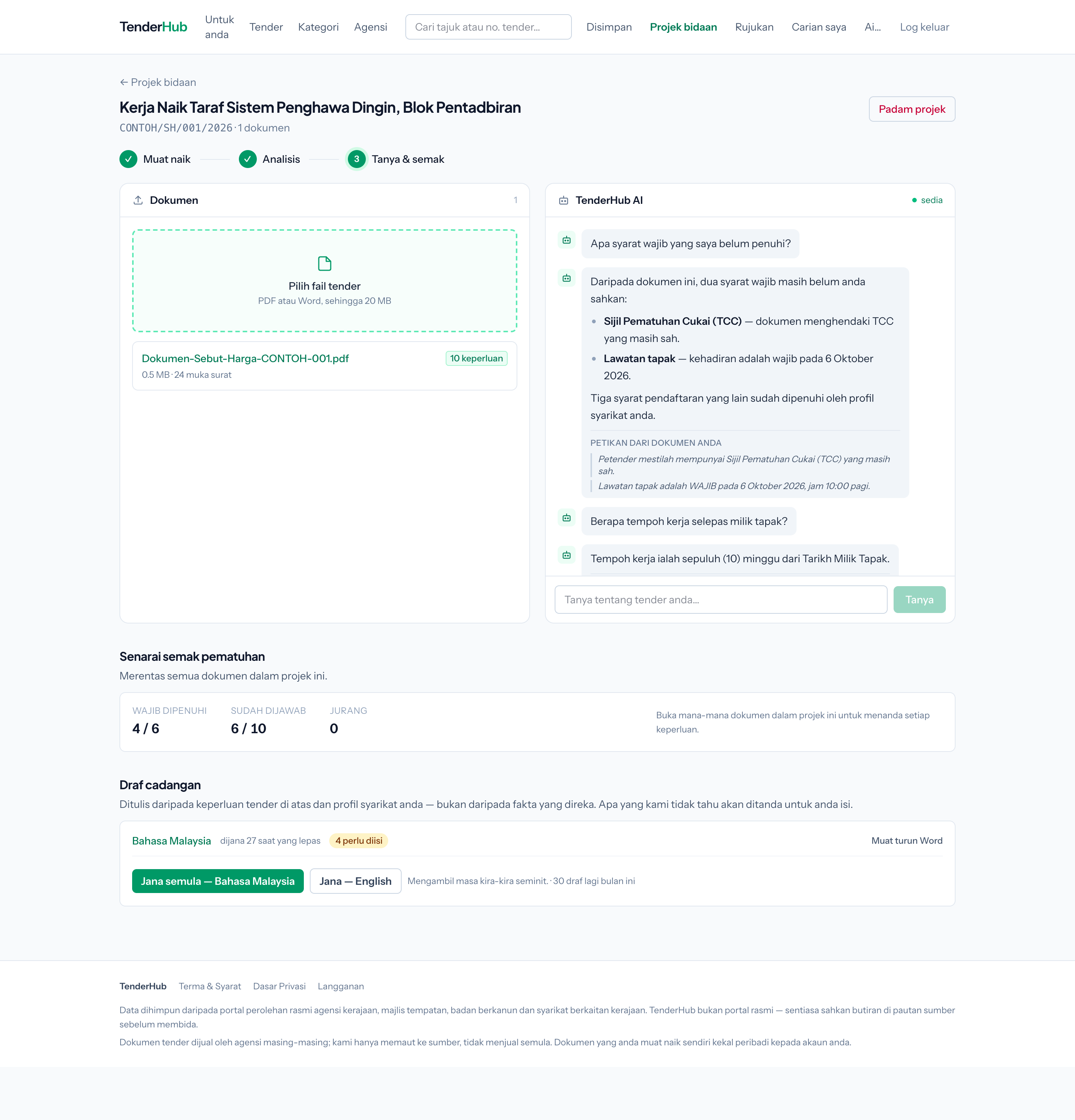 Projek bidaan dengan senarai semak dan sembang TenderHub AI